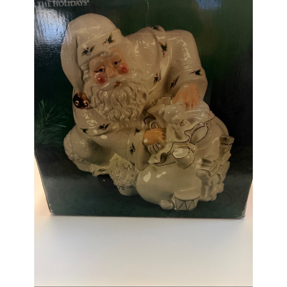 Holly Holiday Ceramic Santa Claus Cookie Jar Cream Gold Trim Holly Berries